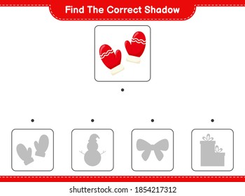 Encuentra la sombra correcta. Busque y coincida con la sombra correcta de Mittens. Juego infantil educativo, hoja de cálculo imprimible, ilustración vectorial