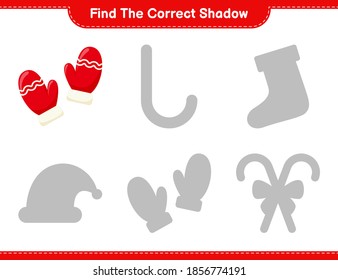 Find the correct shadow. Find and match the correct shadow of Mittens. Educational children game, printable worksheet, vector illustration