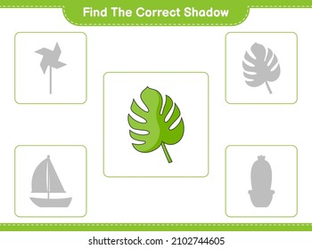 Find the correct shadow. Find and match the correct shadow of Monstera. Educational children game, printable worksheet, vector illustration
