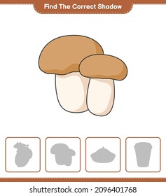 Find the correct shadow. Find and match the correct shadow of Mushroom Boletus. Educational children game, printable worksheet, vector illustration