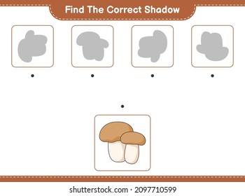 Finden Sie den richtigen Schatten. Finden Sie den passenden Schatten von Mushroom Boletus. Kinderspiel, druckbares Arbeitsblatt, Vektorgrafik