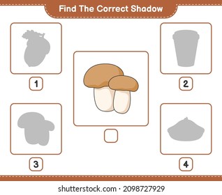 Encuentra la sombra correcta. Encuentra y coincida con la sombra correcta de Mushroom Boletus. Juego infantil educativo, hoja de cálculo imprimible, ilustración vectorial