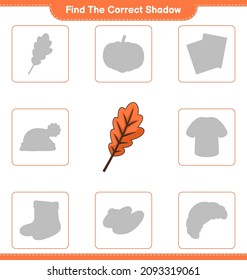 Find the correct shadow. Find and match the correct shadow of Oak Leaf. Educational children game, printable worksheet, vector illustration
