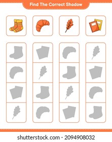 Find the correct shadow. Find and match the correct shadow of Oak Leaf, Socks, Book, Croissant. Educational children game, printable worksheet, vector illustration