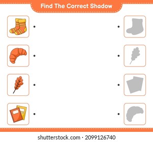 Encuentra la sombra correcta. Encontrar y coincidir la sombra correcta de la hoja de roble, calcetines, libro, croissant. Juego infantil educativo, hoja de cálculo imprimible, ilustración vectorial