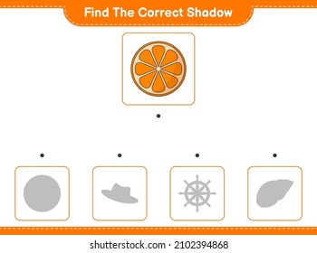 Encuentra la sombra correcta. Buscar y coincidir con la sombra correcta de Orange. Juego infantil educativo, hoja de cálculo imprimible, ilustración vectorial