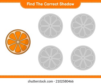 Encuentra la sombra correcta. Buscar y coincidir con la sombra correcta de Orange. Juego infantil educativo, hoja de cálculo imprimible, ilustración vectorial