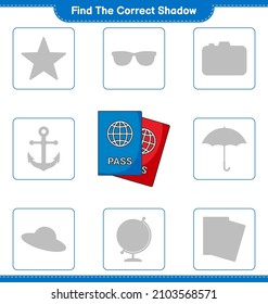 Find the correct shadow. Find and match the correct shadow of Passport. Educational children game, printable worksheet, vector illustration