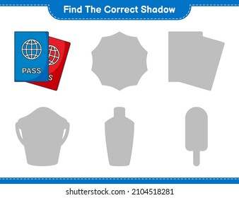 Find the correct shadow. Find and match the correct shadow of Passport. Educational children game, printable worksheet, vector illustration