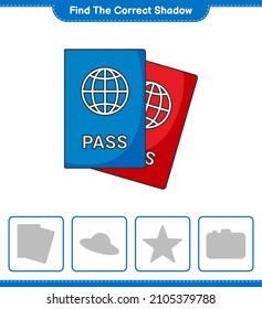 Encuentra la sombra correcta. Buscar y coincidir con la sombra correcta de Passport. Juego infantil educativo, hoja de cálculo imprimible, ilustración vectorial