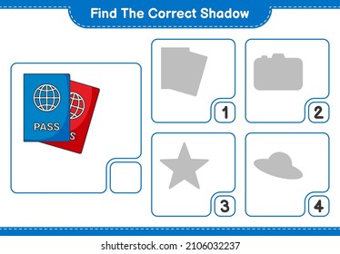 Encuentra la sombra correcta. Buscar y coincidir con la sombra correcta de Passport. Juego infantil educativo, hoja de cálculo imprimible, ilustración vectorial
