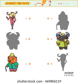 Find the correct shadow. Match the pictures of bea, buffalo and cow to their shadows