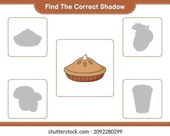 Find the correct shadow. Find and match the correct shadow of Pie. Educational children game, printable worksheet, vector illustration