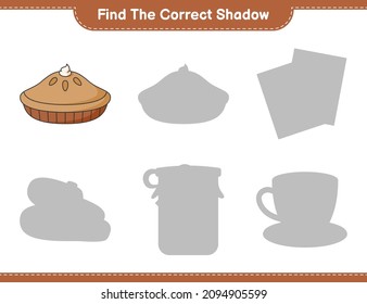 Find the correct shadow. Find and match the correct shadow of Pie. Educational children game, printable worksheet, vector illustration
