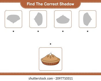 Finden Sie den richtigen Schatten. Finden Sie den richtigen Schatten von Pie und passen Sie ihn an. Kinderspiel, druckbares Arbeitsblatt, Vektorgrafik