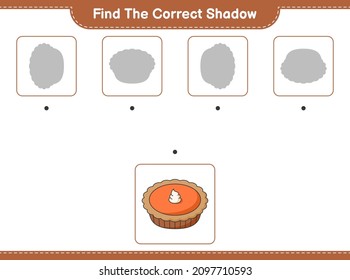 Find the correct shadow. Find and match the correct shadow of Pie. Educational children game, printable worksheet, vector illustration