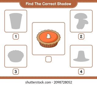 Find the correct shadow. Find and match the correct shadow of Pie. Educational children game, printable worksheet, vector illustration