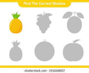 Find the correct shadow. Find and match the correct shadow of Pineapple. Educational children game, printable worksheet, vector illustration