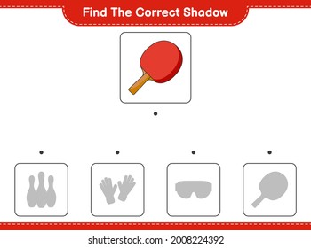 Find the correct shadow. Find and match the correct shadow of Ping Pong Racket. Educational children game, printable worksheet, vector illustration