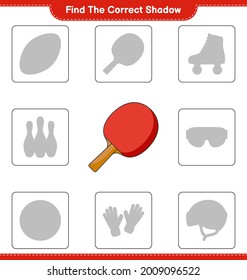 Find the correct shadow. Find and match the correct shadow of Ping Pong Racket. Educational children game, printable worksheet, vector illustration