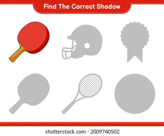 Find the correct shadow. Find and match the correct shadow of Ping Pong Racket. Educational children game, printable worksheet, vector illustration