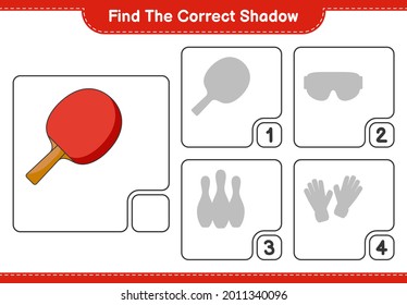 Find the correct shadow. Find and match the correct shadow of Ping Pong Racket. Educational children game, printable worksheet, vector illustration