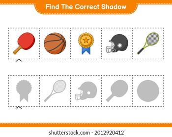 Find the correct shadow. Find and match the correct shadow of Ping Pong Racket, Basketball, Trophy, Football Helmet, and Tennis Racket. Educational children game