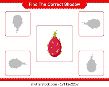 Find the correct shadow. Find and match the correct shadow of Pitaya. Educational children game, printable worksheet, vector illustration