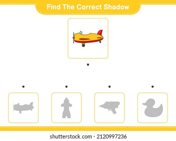 Finden Sie den richtigen Schatten. Finden Sie und passen Sie den richtigen Schatten von Plane an. Kinderspiel, druckbares Arbeitsblatt, Vektorgrafik