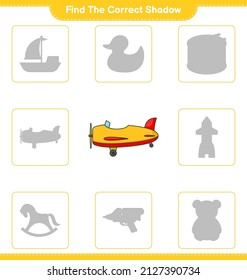 Find the correct shadow. Find and match the correct shadow of Plane. Educational children game, printable worksheet, vector illustration