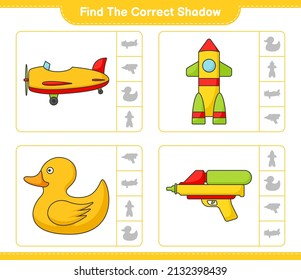 Encuentra la sombra correcta. Encuentra y concuerda con la sombra correcta del Avión, Cohetes, Patos de goma y Pistola de Agua. Juego infantil educativo, hoja de cálculo imprimible, ilustración vectorial