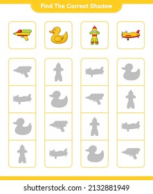 Finden Sie den richtigen Schatten. Finden Sie den passenden Schatten von Plane, Rocket, Rubber Duck und Water Gun. Kinderspiel, druckbares Arbeitsblatt, Vektorgrafik