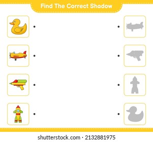 Find the correct shadow. Find and match the correct shadow of Plane, Rocket, Rubber Duck, and Water Gun. Educational children game, printable worksheet, vector illustration