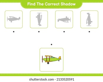 Find the correct shadow. Find and match the correct shadow of Plane. Educational children game, printable worksheet, vector illustration