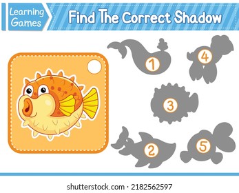 Find The Correct Shadow Find And Match The Correct Shadow Of Puffer Fish. Kids Educational Game. Printable Worksheet Vector Illustration. Children Learning Game