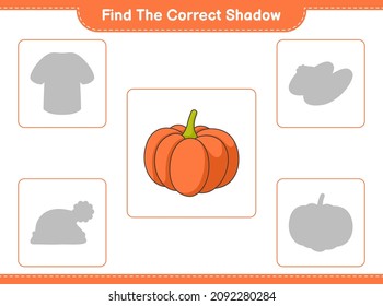 Find the correct shadow. Find and match the correct shadow of Pumpkin. Educational children game, printable worksheet, vector illustration