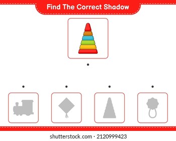Find the correct shadow. Find and match the correct shadow of Pyramid Toy. Educational children game, printable worksheet, vector illustration
