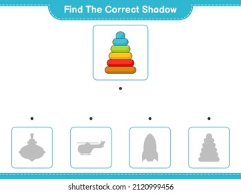 Find the correct shadow. Find and match the correct shadow of Pyramid Toy. Educational children game, printable worksheet, vector illustration