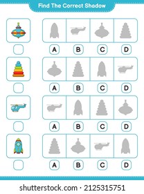 Find the correct shadow. Find and match the correct shadow of Pyramid Toy, Rocket, and Helicopter. Educational children game, printable worksheet, vector illustration