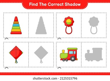 Find the correct shadow. Find and match the correct shadow of Pyramid Toy, Baby Rattle, Kite, and Train. Educational children game, printable worksheet, vector illustration