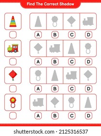 Find the correct shadow. Find and match the correct shadow of Pyramid Toy, Baby Rattle, Kite, and Train. Educational children game, printable worksheet, vector illustration