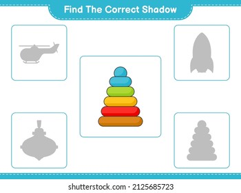 Encuentra la sombra correcta. Encuentra y concuerda con la sombra correcta del Juguete Pirámide. Juego infantil educativo, hoja de cálculo imprimible, ilustración vectorial
