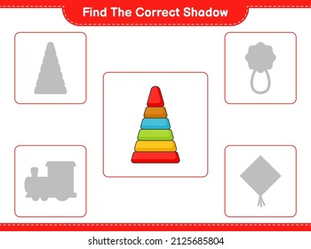 Find the correct shadow. Find and match the correct shadow of Pyramid Toy. Educational children game, printable worksheet, vector illustration