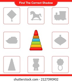 Encuentra la sombra correcta. Encuentra y concuerda con la sombra correcta del Juguete Pirámide. Juego infantil educativo, hoja de cálculo imprimible, ilustración vectorial