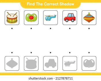 Find the correct shadow. Find and match the correct shadow of Pyramid Car, Pacifier, Helicopter, Drum, and Whirligig Toy. Educational children game, printable worksheet, vector illustration