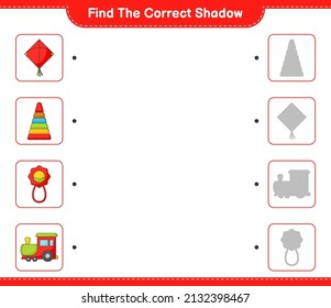 Find the correct shadow. Find and match the correct shadow of Pyramid Toy, Baby Rattle, Kite, and Train. Educational children game, printable worksheet, vector illustration