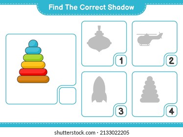 Find the correct shadow. Find and match the correct shadow of Pyramid Toy. Educational children game, printable worksheet, vector illustration