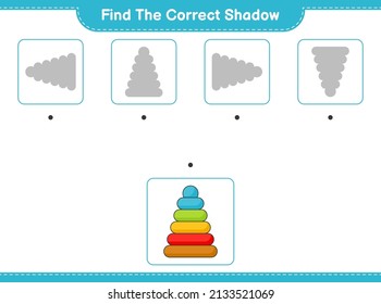 Find the correct shadow. Find and match the correct shadow of Pyramid Toy. Educational children game, printable worksheet, vector illustration