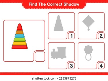 Find the correct shadow. Find and match the correct shadow of Pyramid Toy. Educational children game, printable worksheet, vector illustration