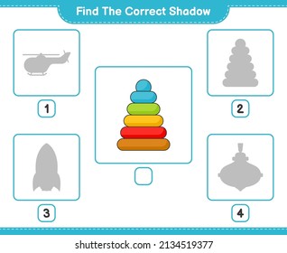 Encuentra la sombra correcta. Encuentra y concuerda con la sombra correcta del Juguete Pirámide. Juego infantil educativo, hoja de cálculo imprimible, ilustración vectorial